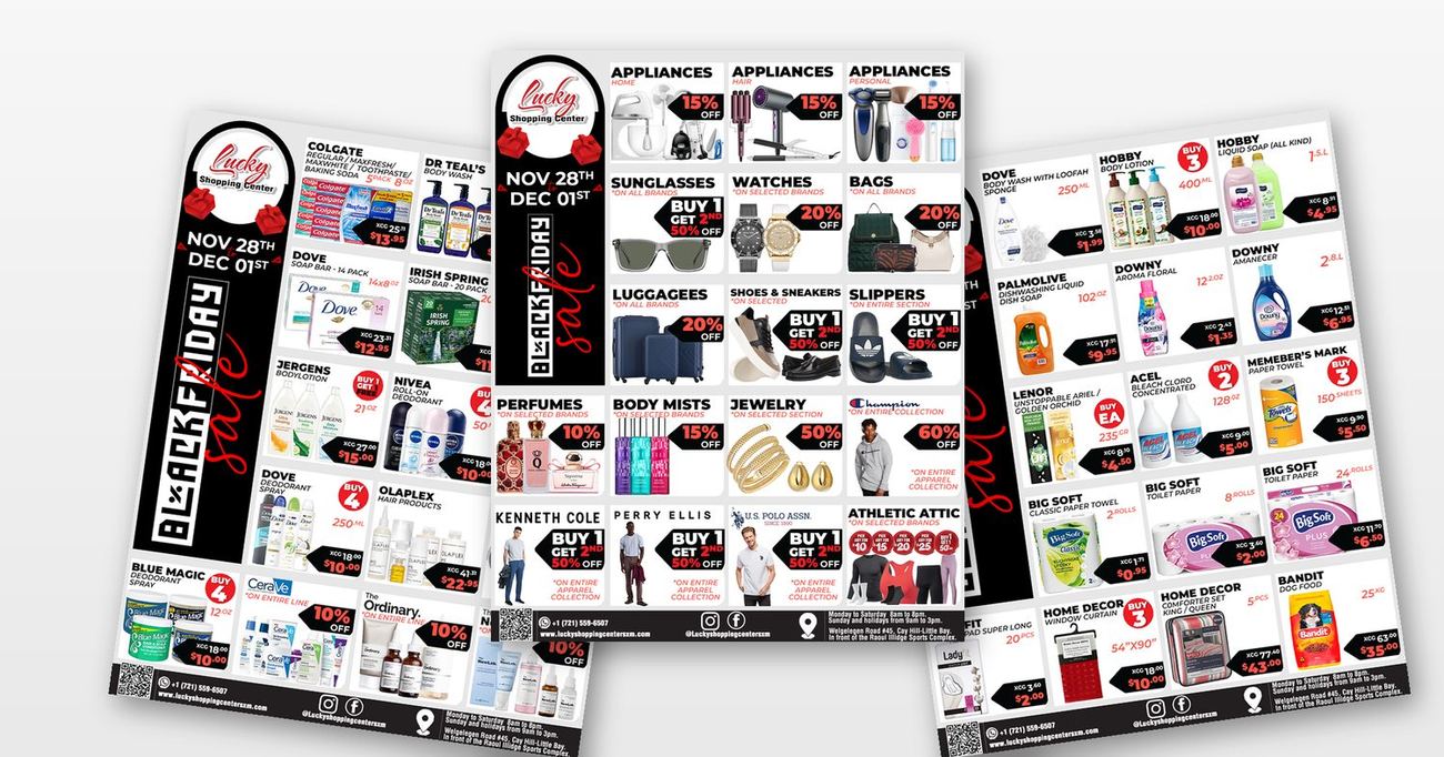 Three Black Friday 2025 flyer pages: appliances and fashion, body care, and household