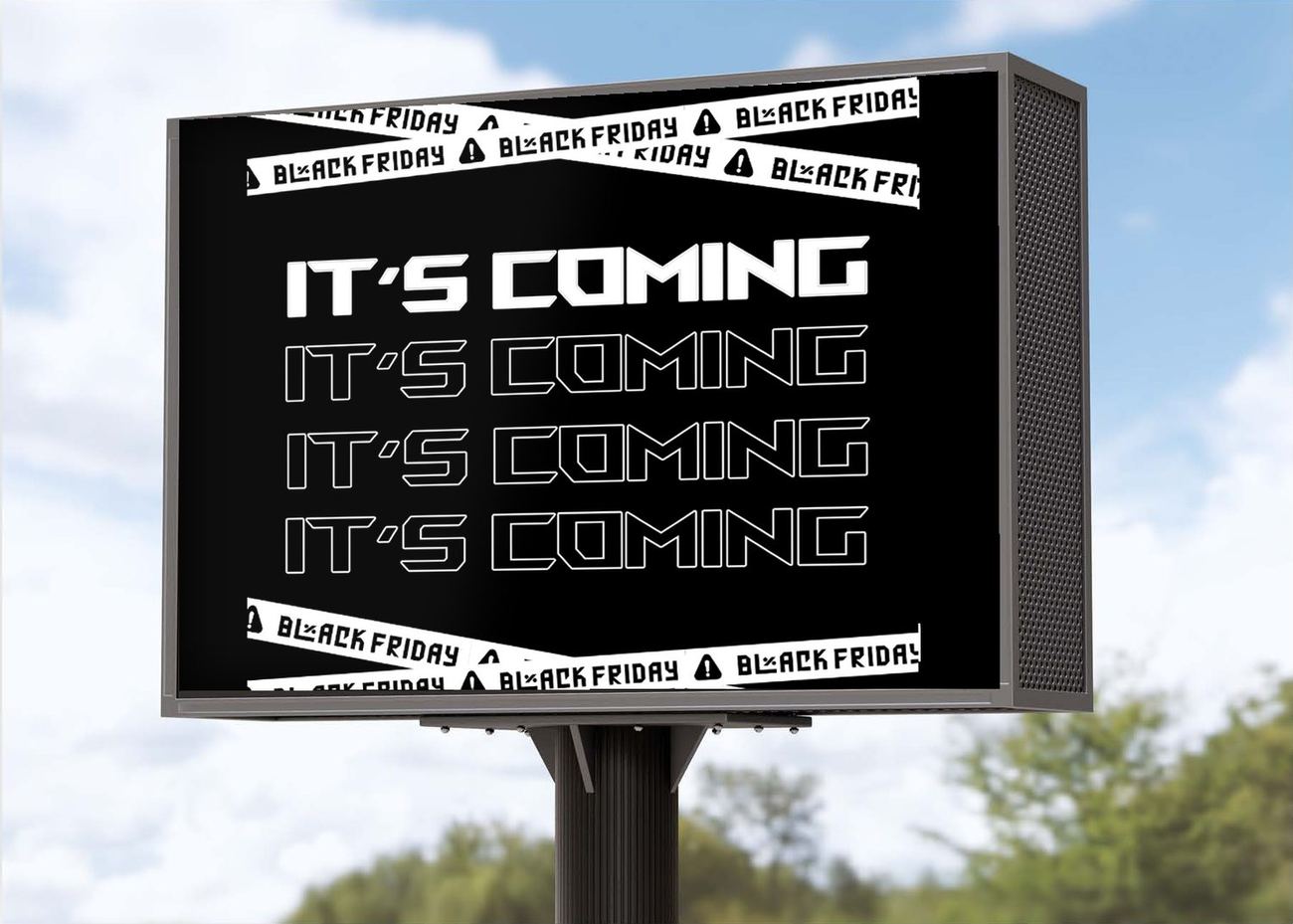 Black Friday teaser animation on an outdoor LED screen