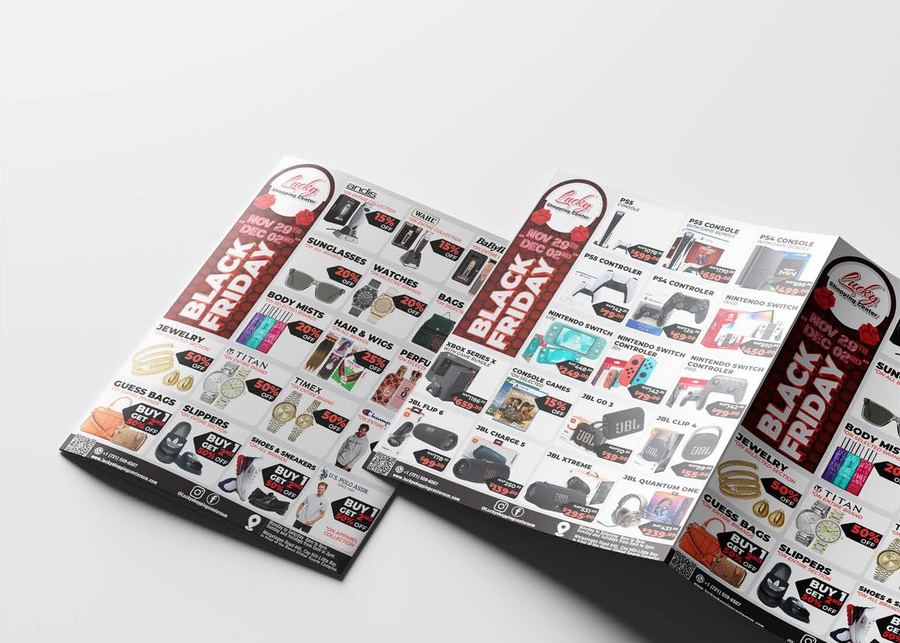 Folded Black Friday flyers with category deals