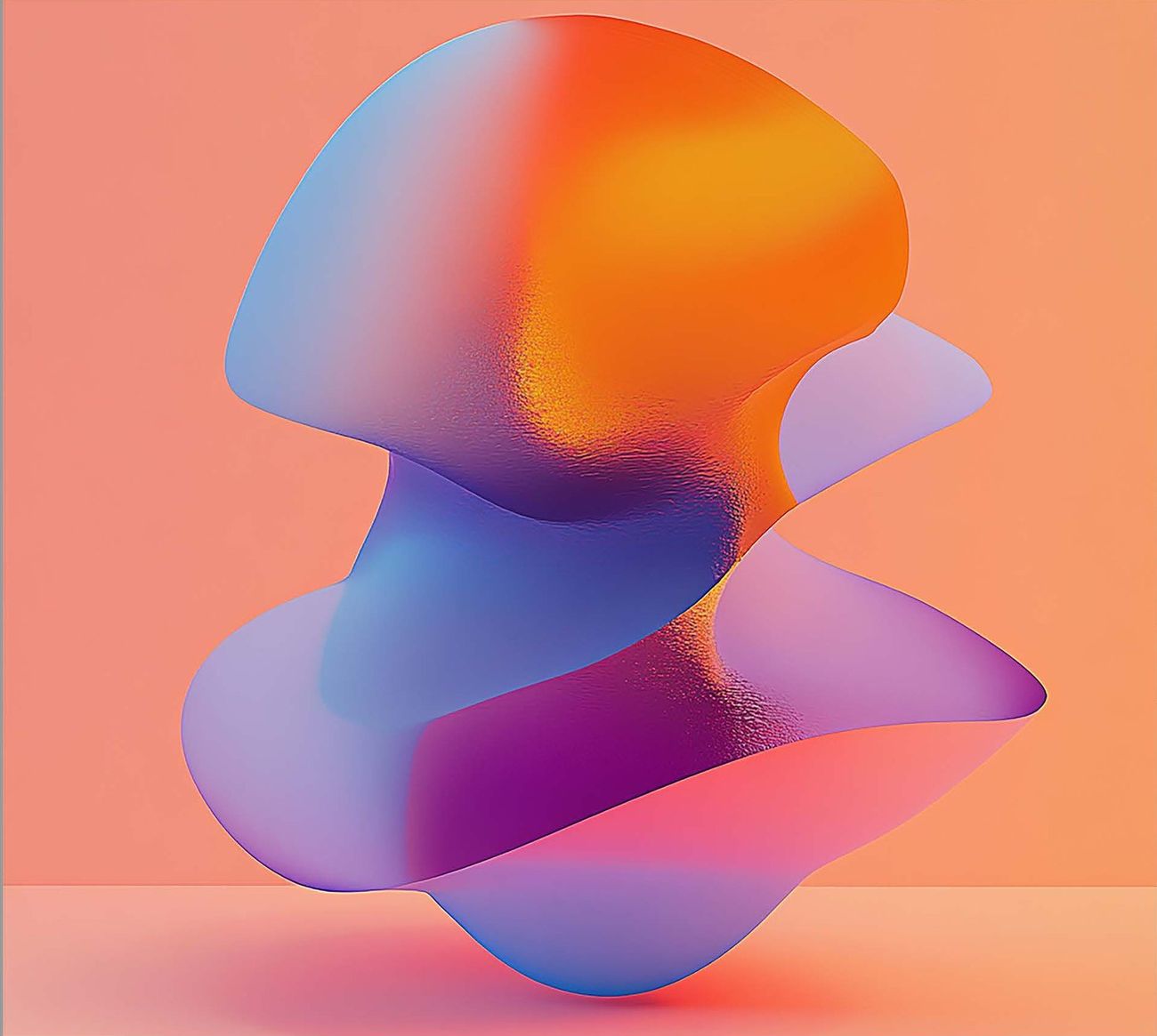 Abstract iridescent 3D shape in orange, blue and violet
