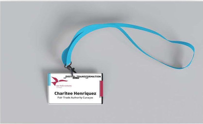 Event name badge on a lanyard