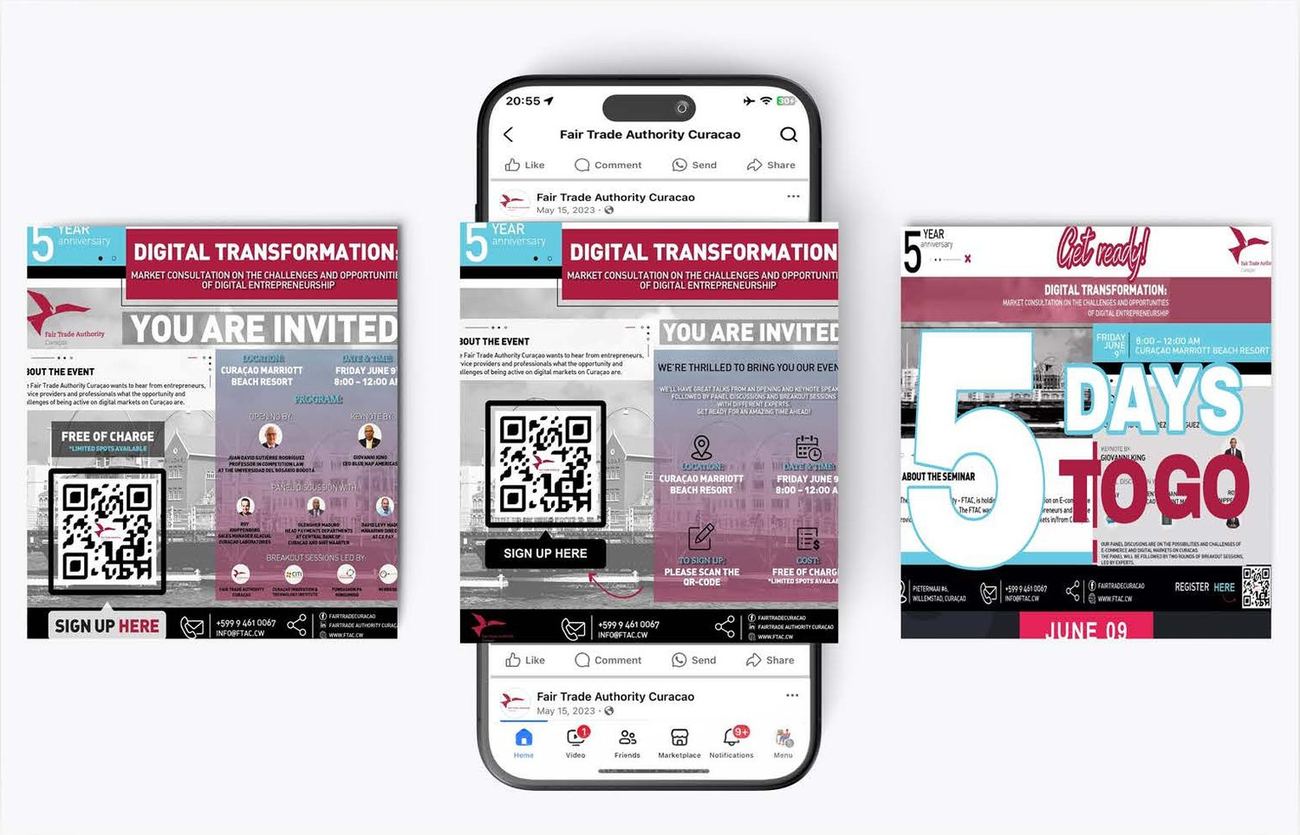 Social posts with an invitation, QR code sign-up, and a five-days-to-go countdown