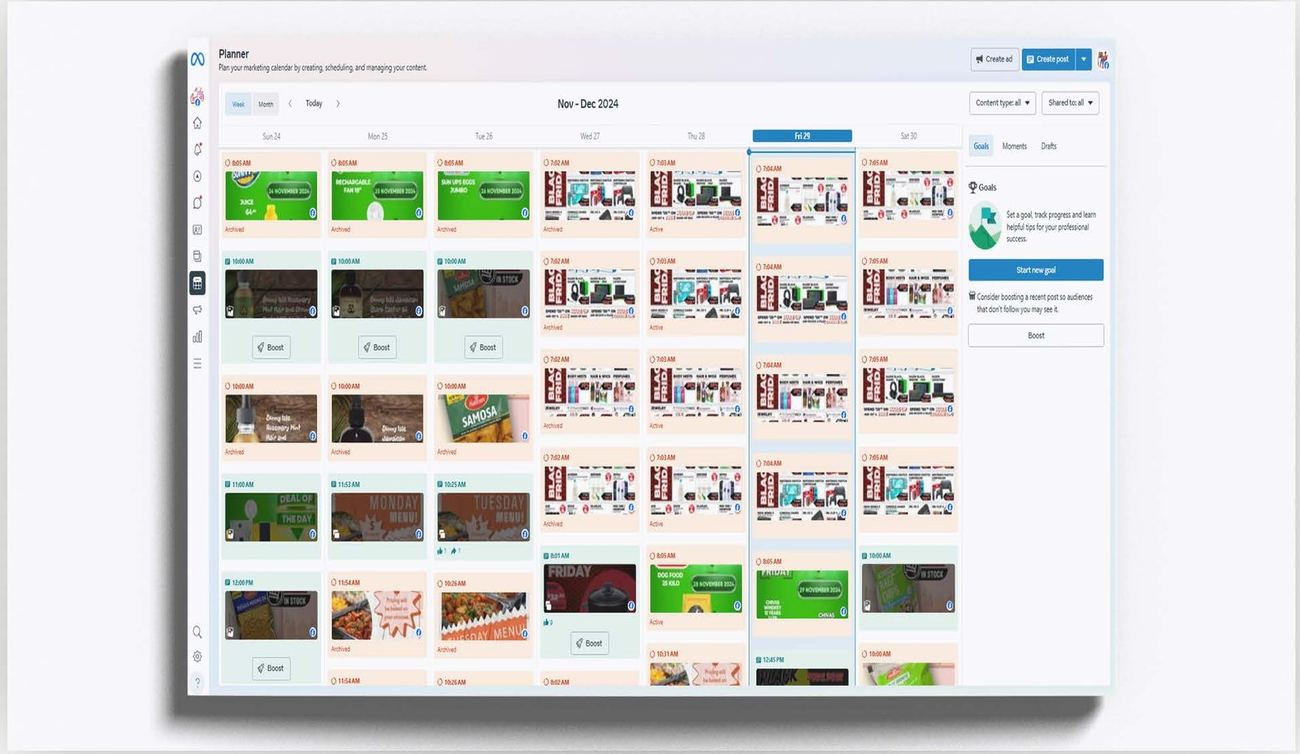 Meta Business Suite planner showing a scheduled content calendar