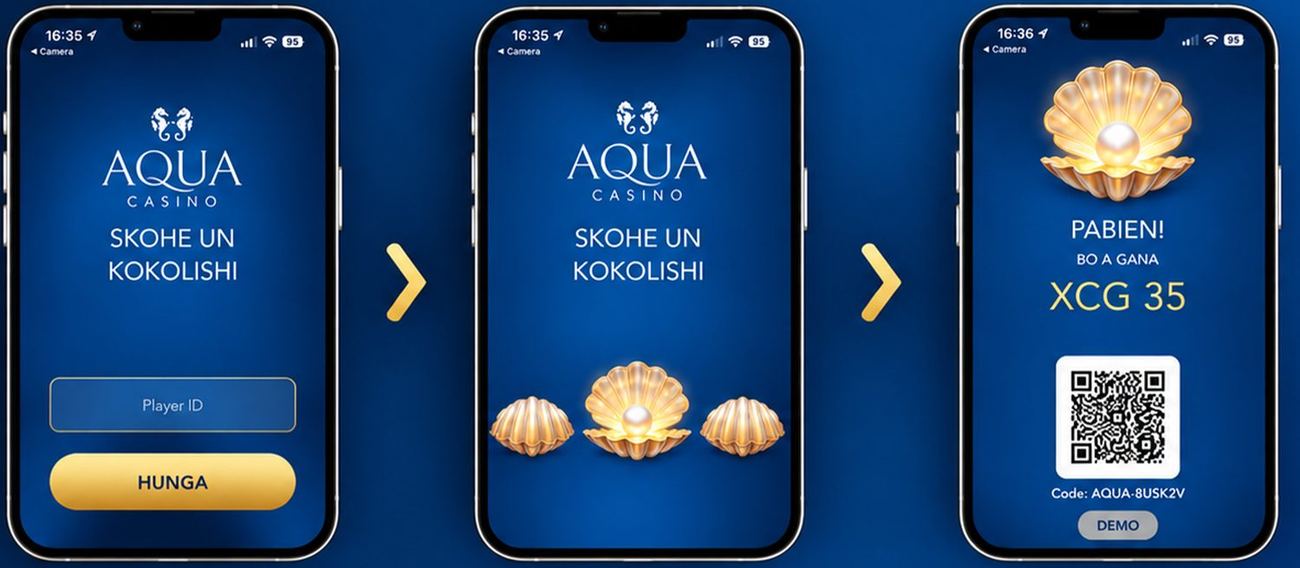 Three phone screens: Player ID entry, choosing a kokolishi, and the prize reveal