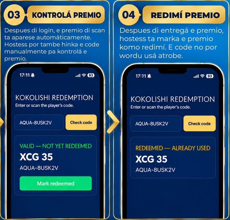 Two phone screens of the staff flow: checking a code and marking it redeemed