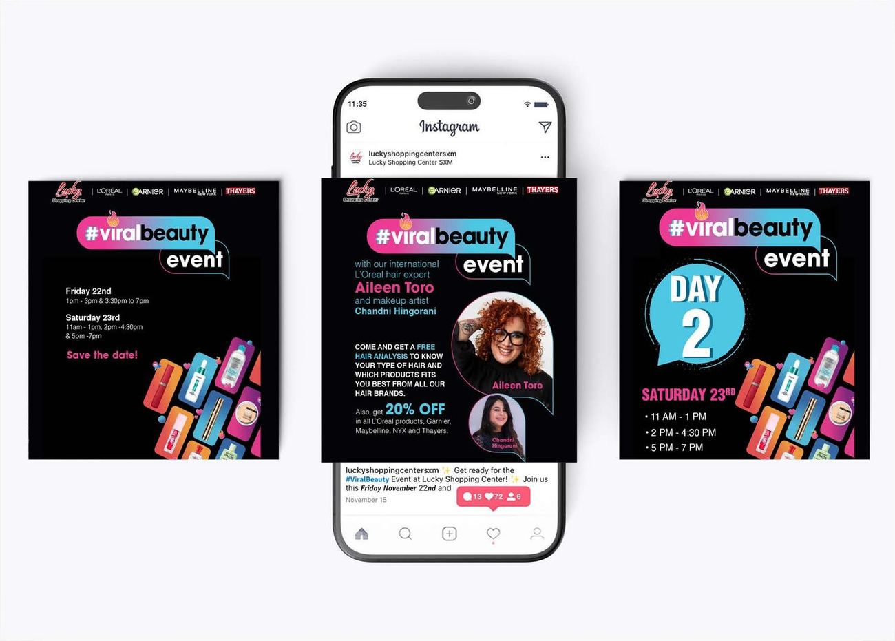 Three event posts for the #ViralBeauty event shown with an Instagram mockup
